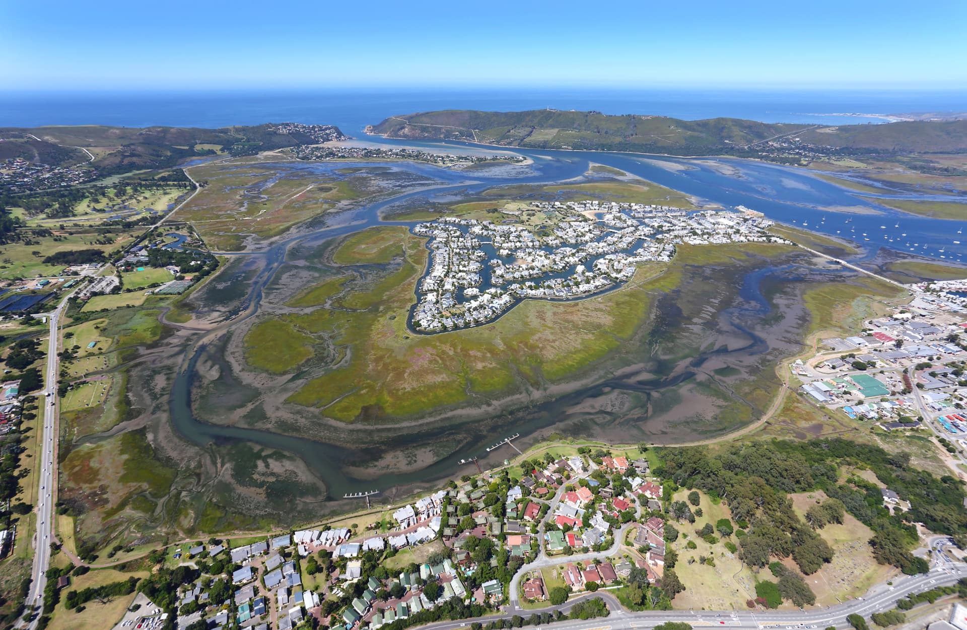 Thesen Island from above, ringed by the Knysna estuary